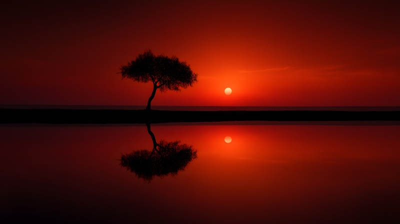 落日孤树倒影红图片