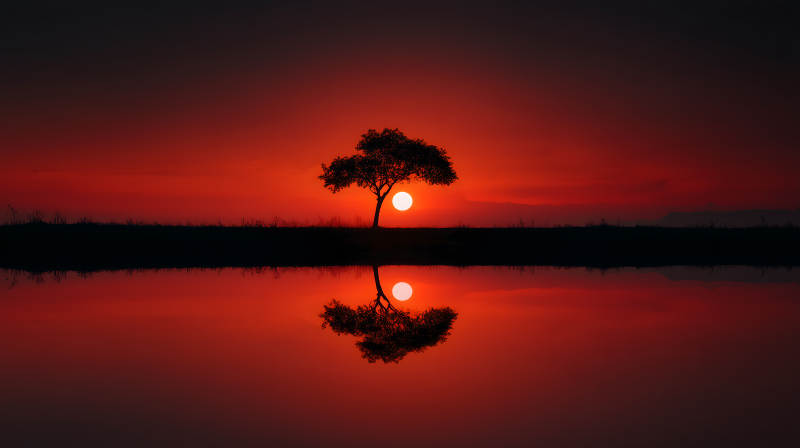 落日孤树红水图片