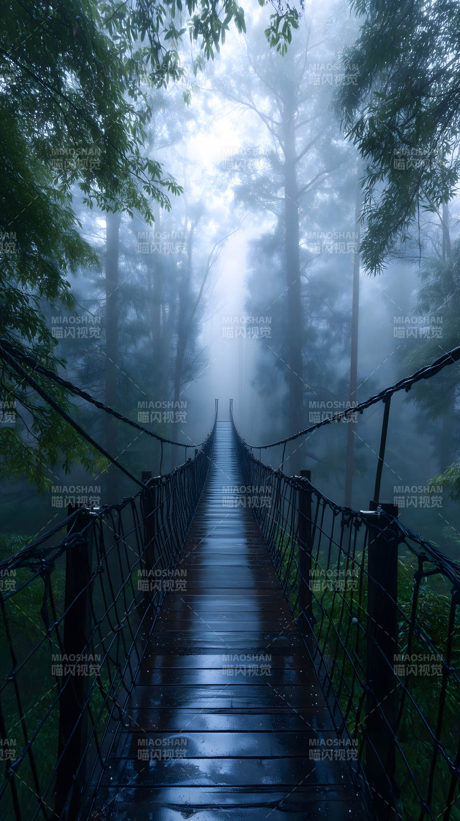 雾中吊桥引人入胜图片