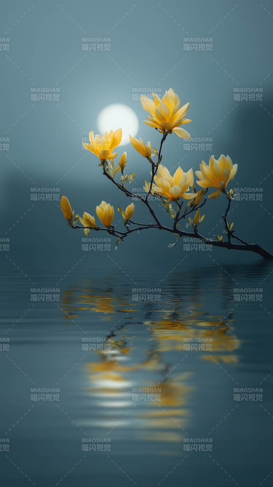 水面倒影黄色花枝图片