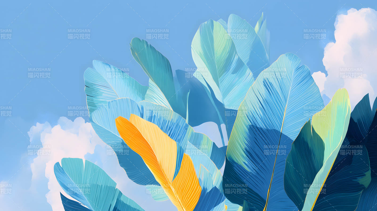 蓝叶黄叶蓝天白云图片