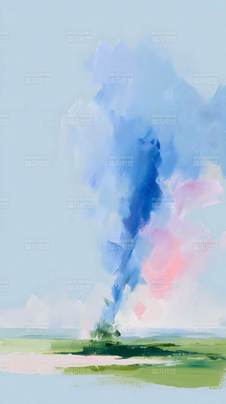 蓝天白云绿地抽象画图片