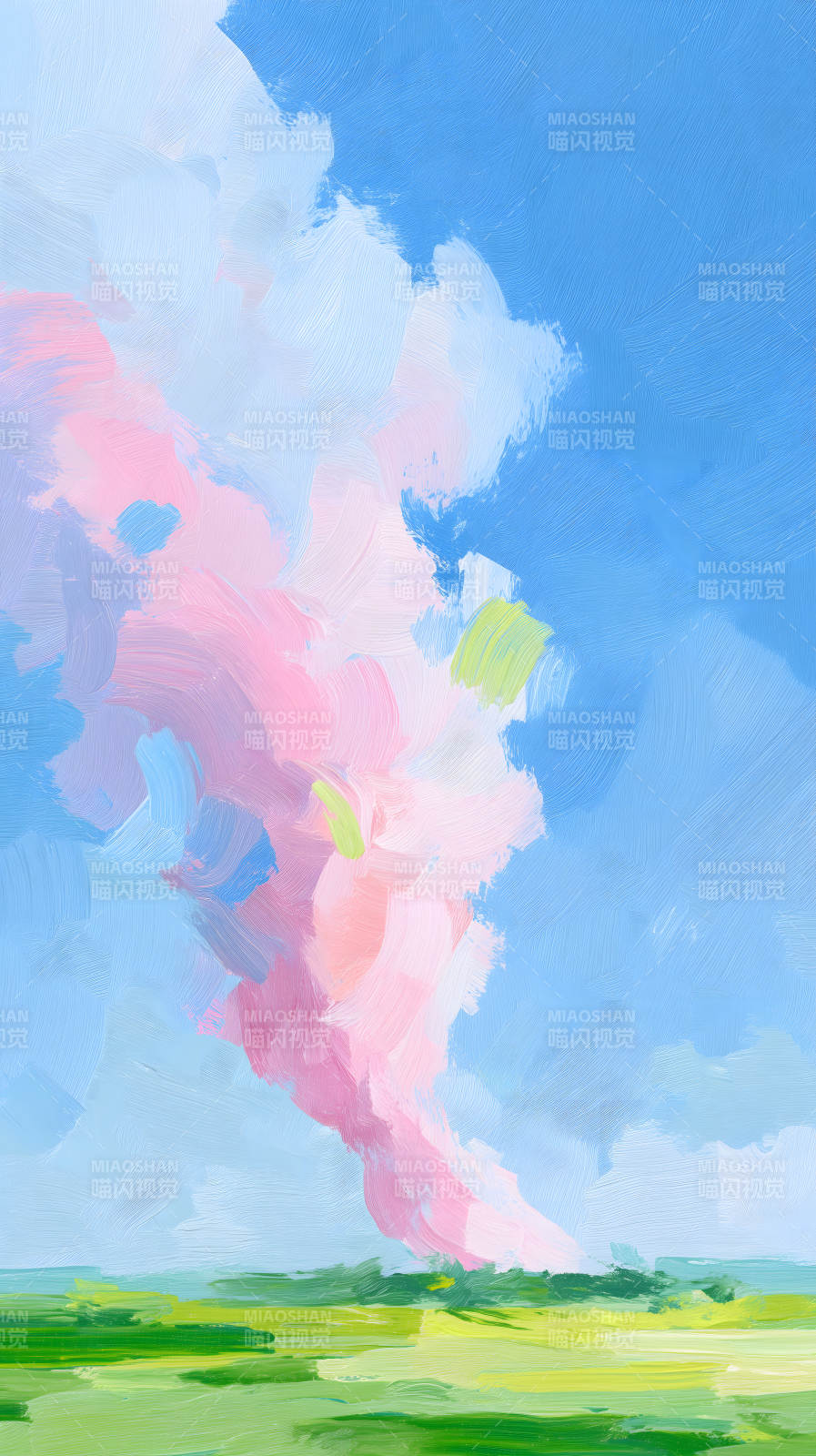 粉色烟雾与绿色平原图片