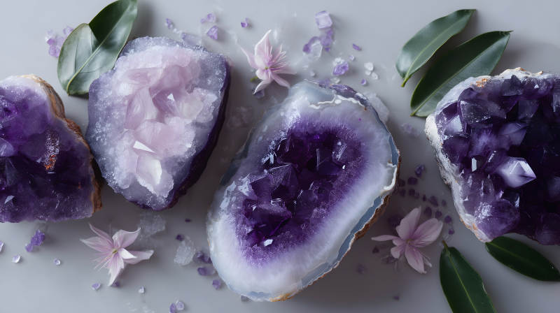 紫色水晶和花瓣图片