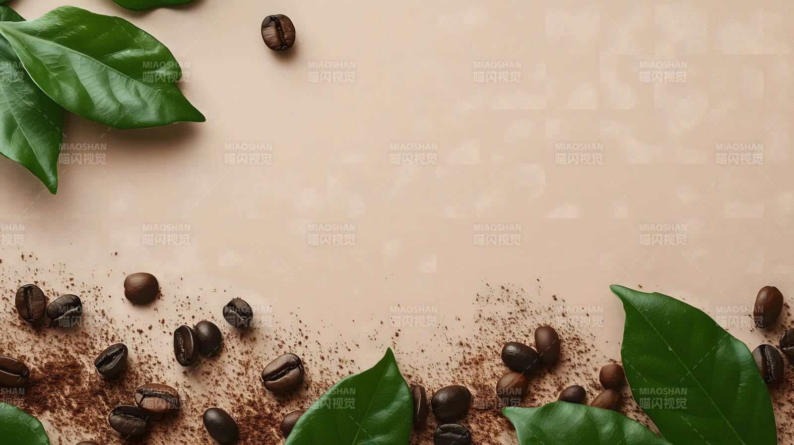咖啡豆与绿叶图片