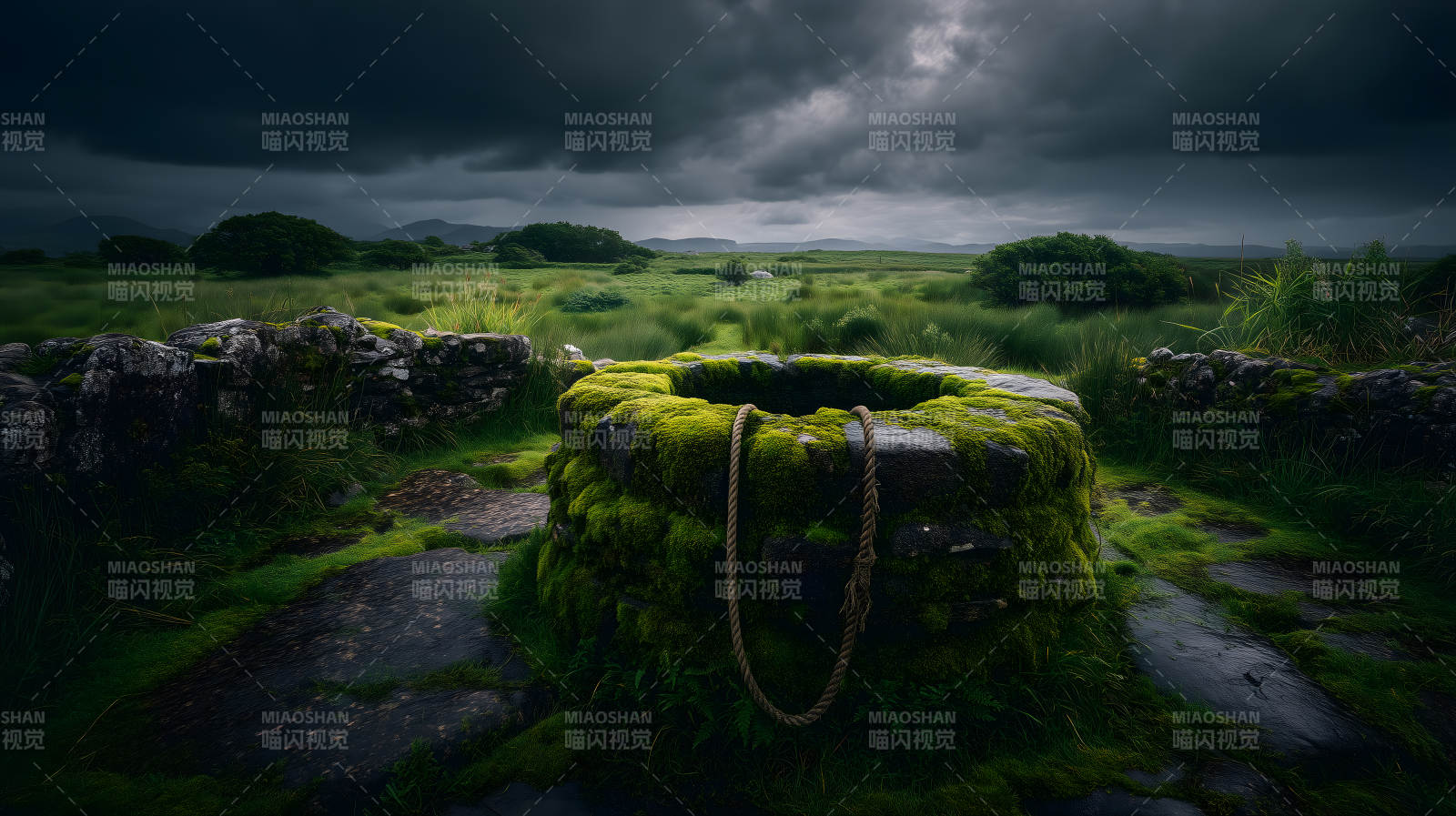 古井苔藓阴云笼罩图片