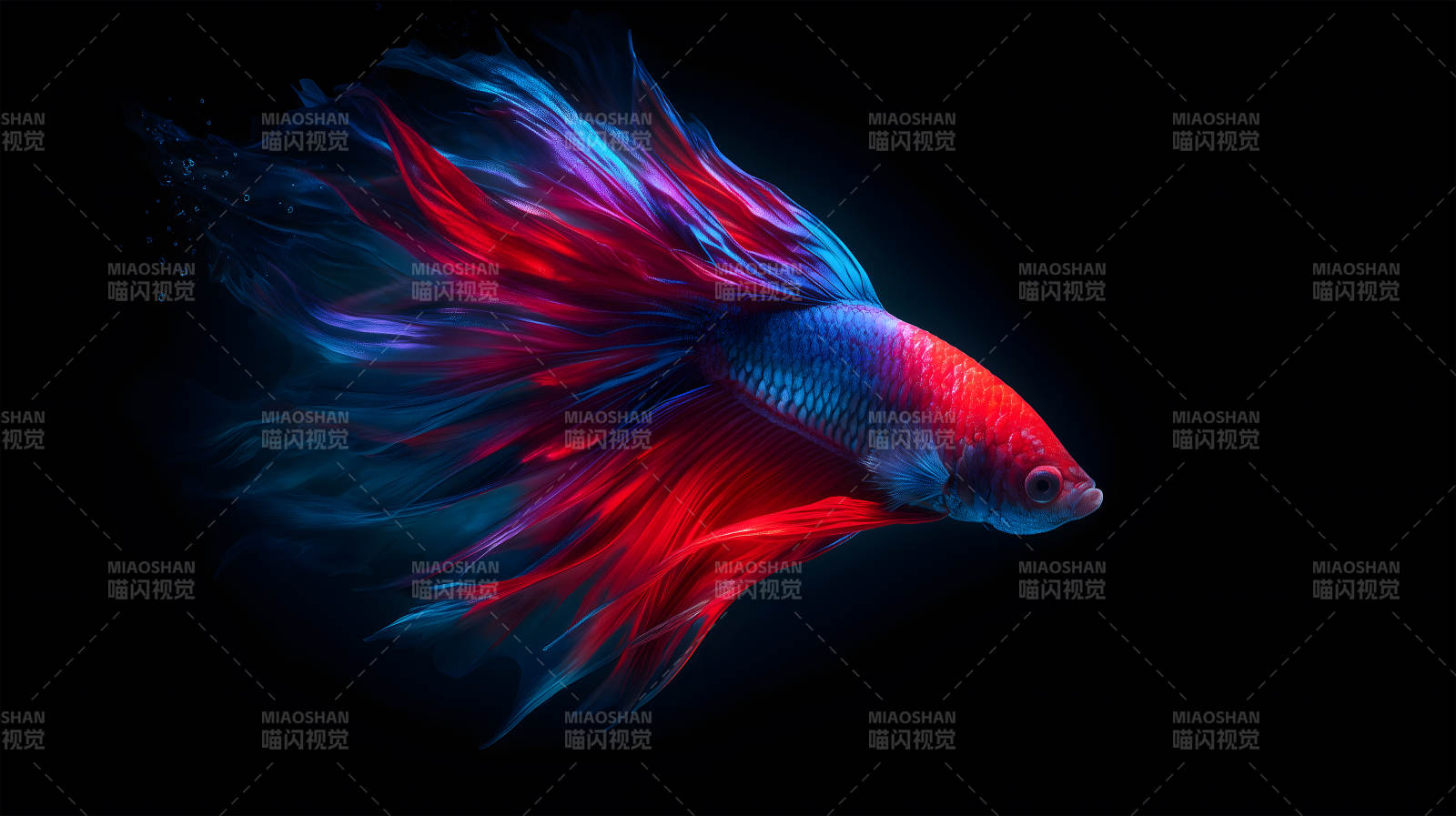 绚丽的斗鱼游动在黑暗中图片