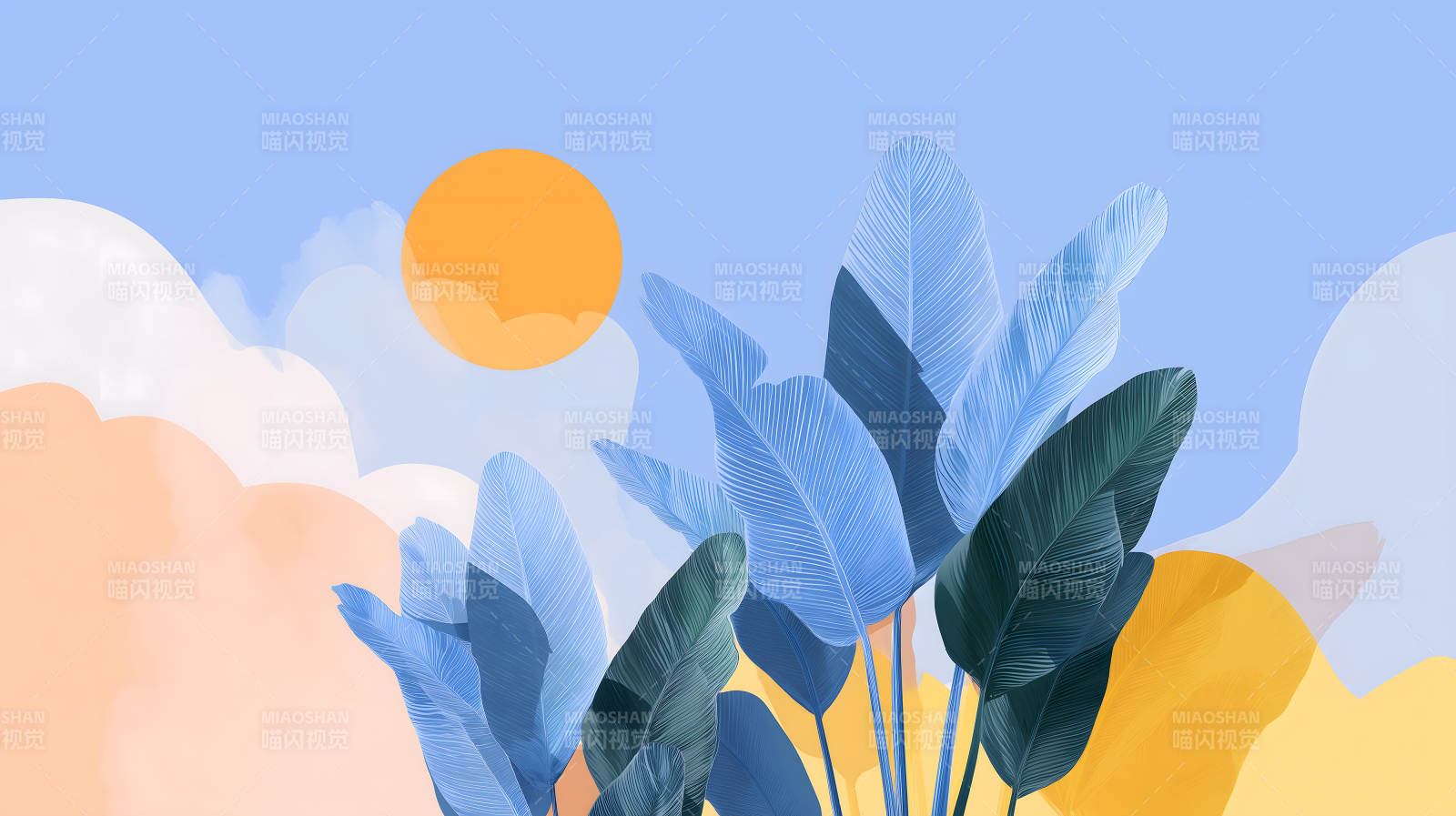 蓝叶暖阳晴空水彩图片