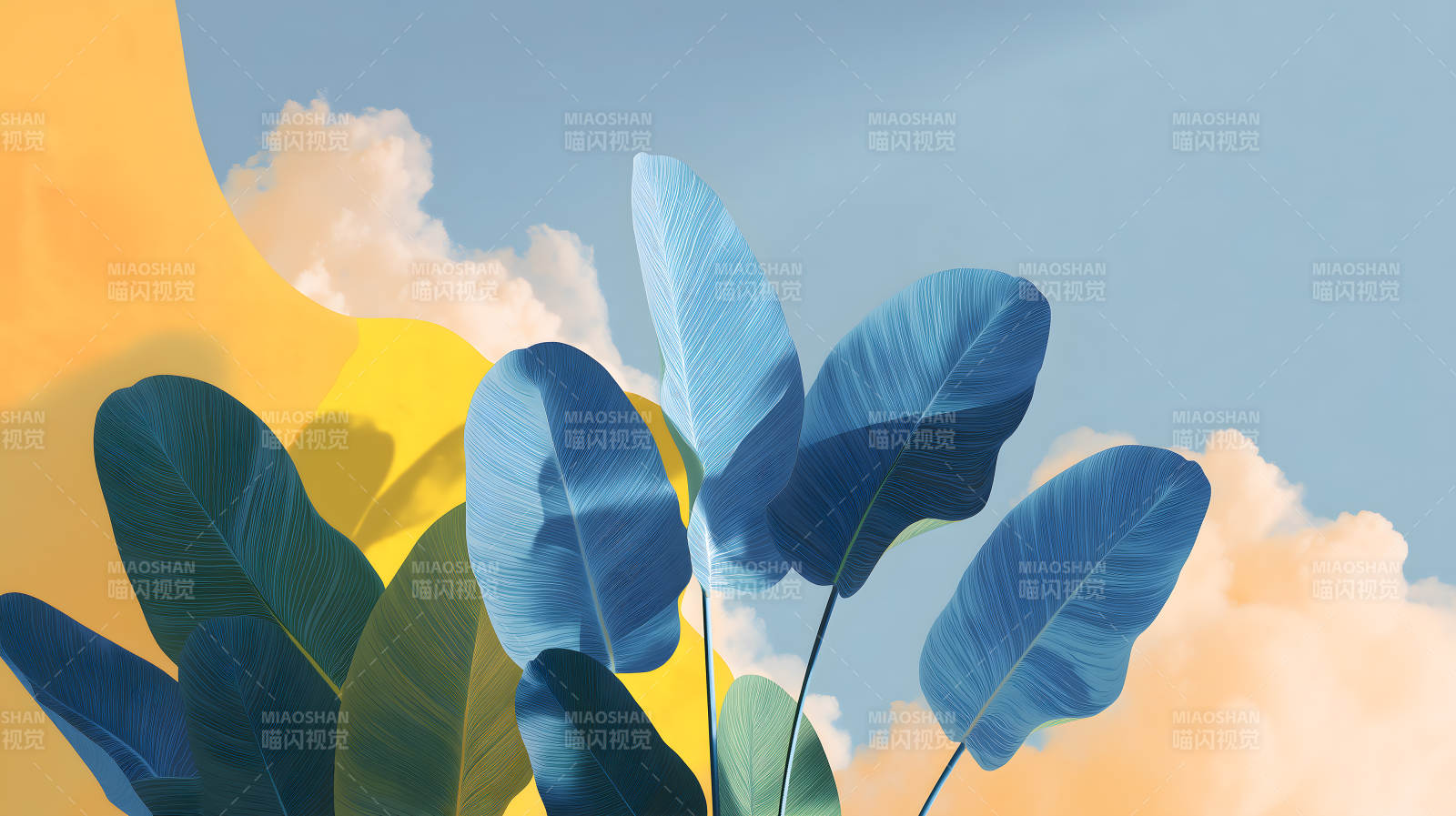 蓝叶黄背景与白云图片