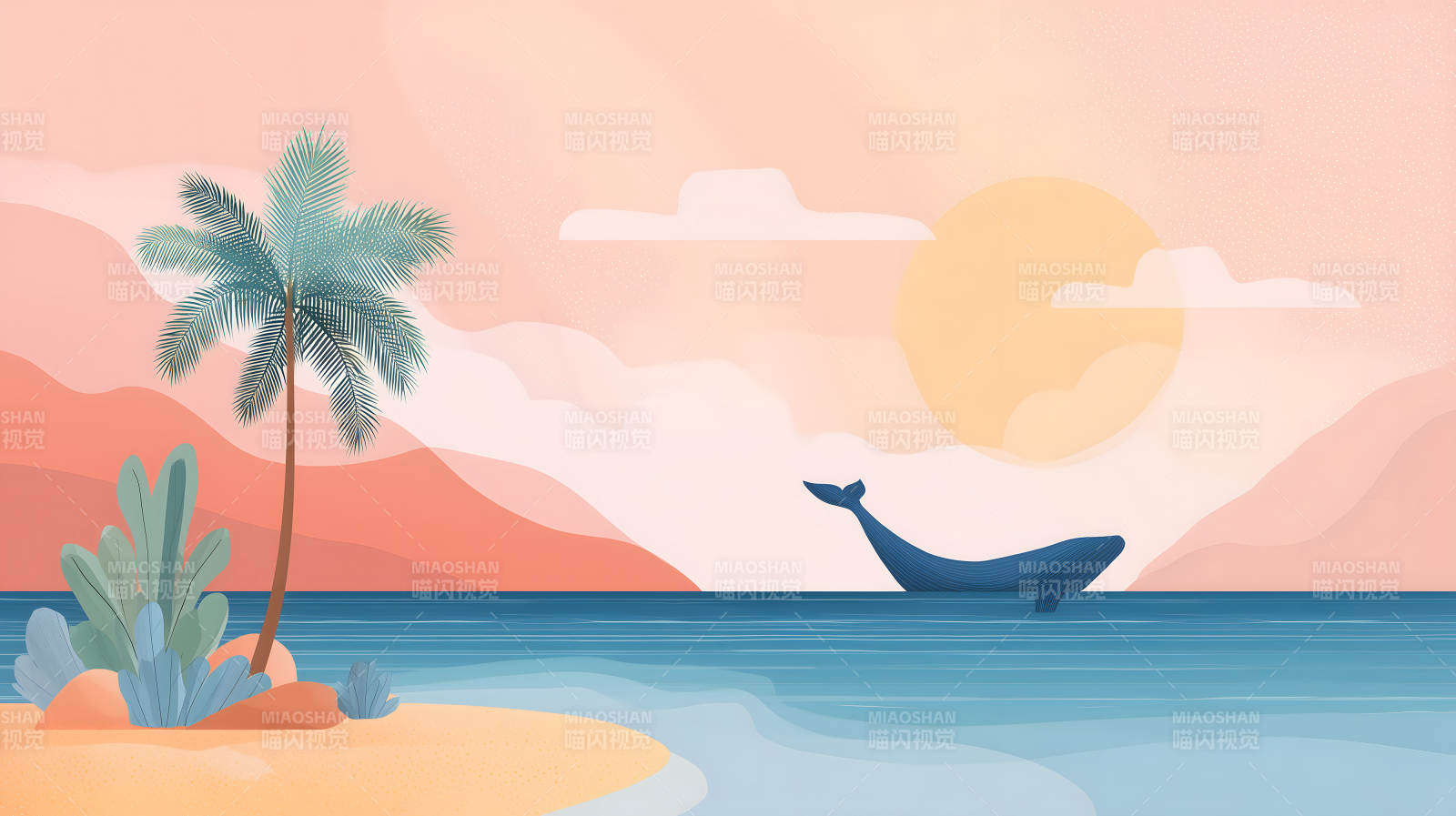 海滩鲸鱼夕阳图片