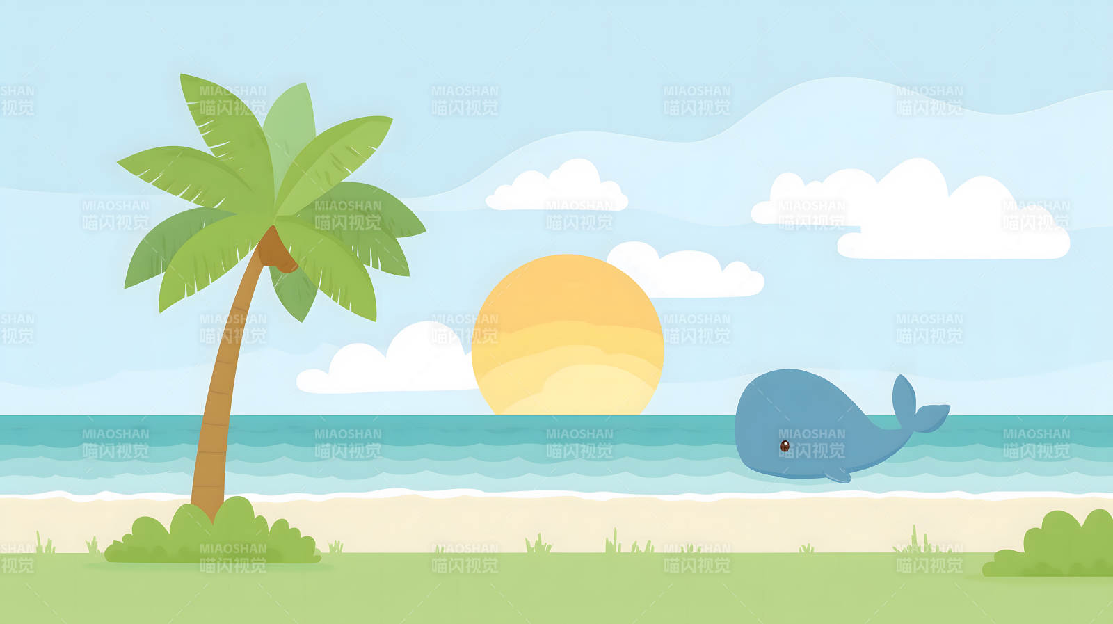 海边椰树与蓝鲸图片