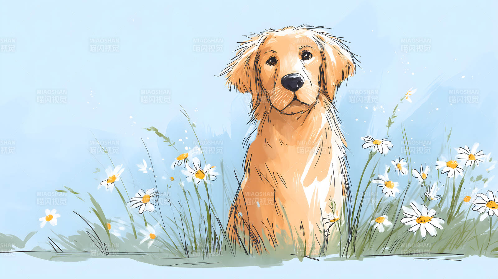 金毛犬在花丛中图片