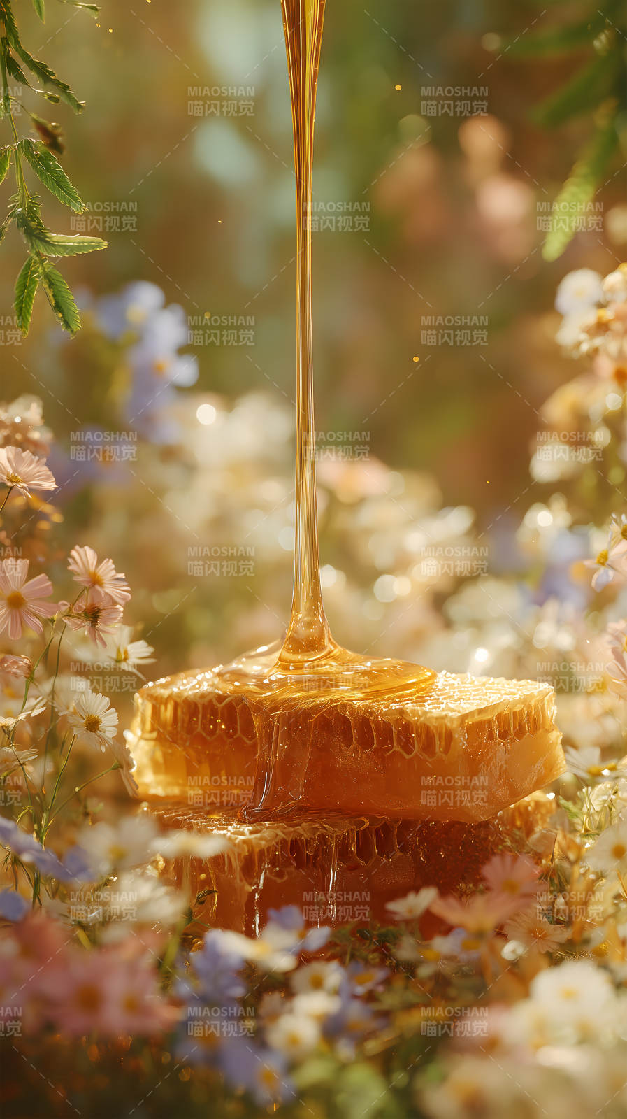 蜂蜜流淌蜂巢花丛中图片