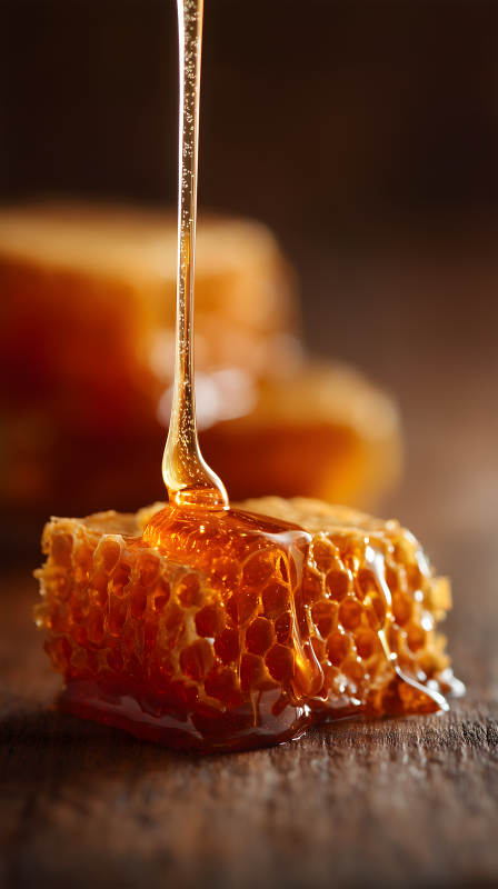 蜂蜜流淌在蜂窝上图片