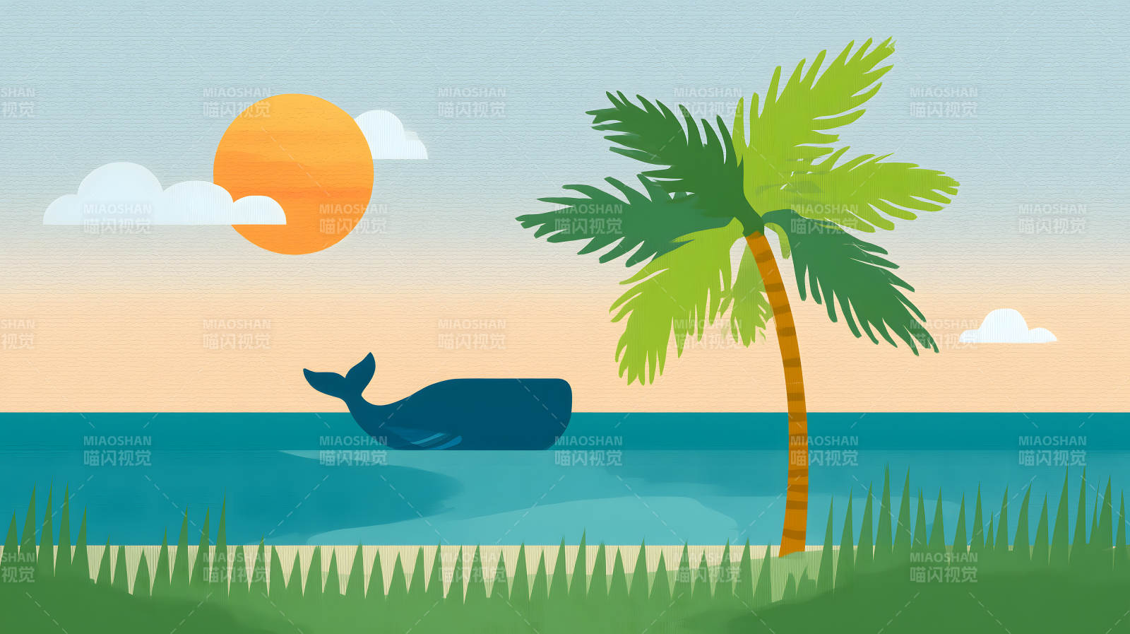 海边风景鲸鱼椰树图片