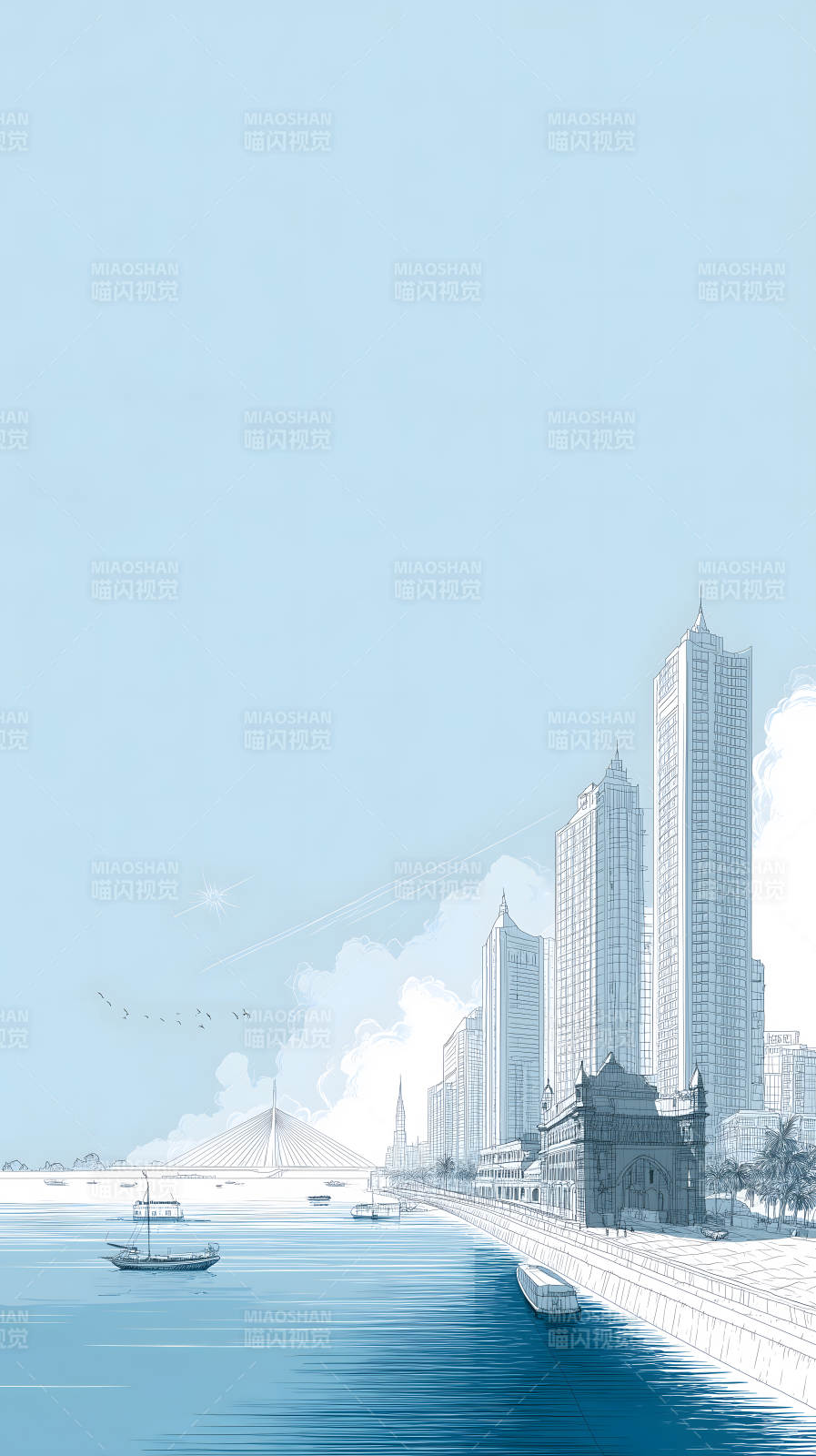 城市天际线下的蓝色港湾图片