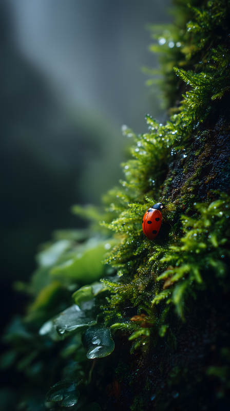 翠绿苔藓上的瓢虫图片
