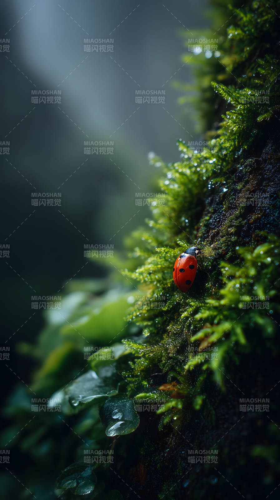 翠绿苔藓上的瓢虫图片