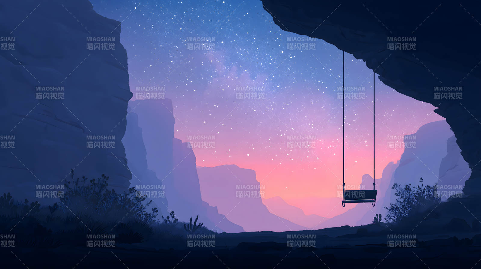 夜幕星空下的秋千图片