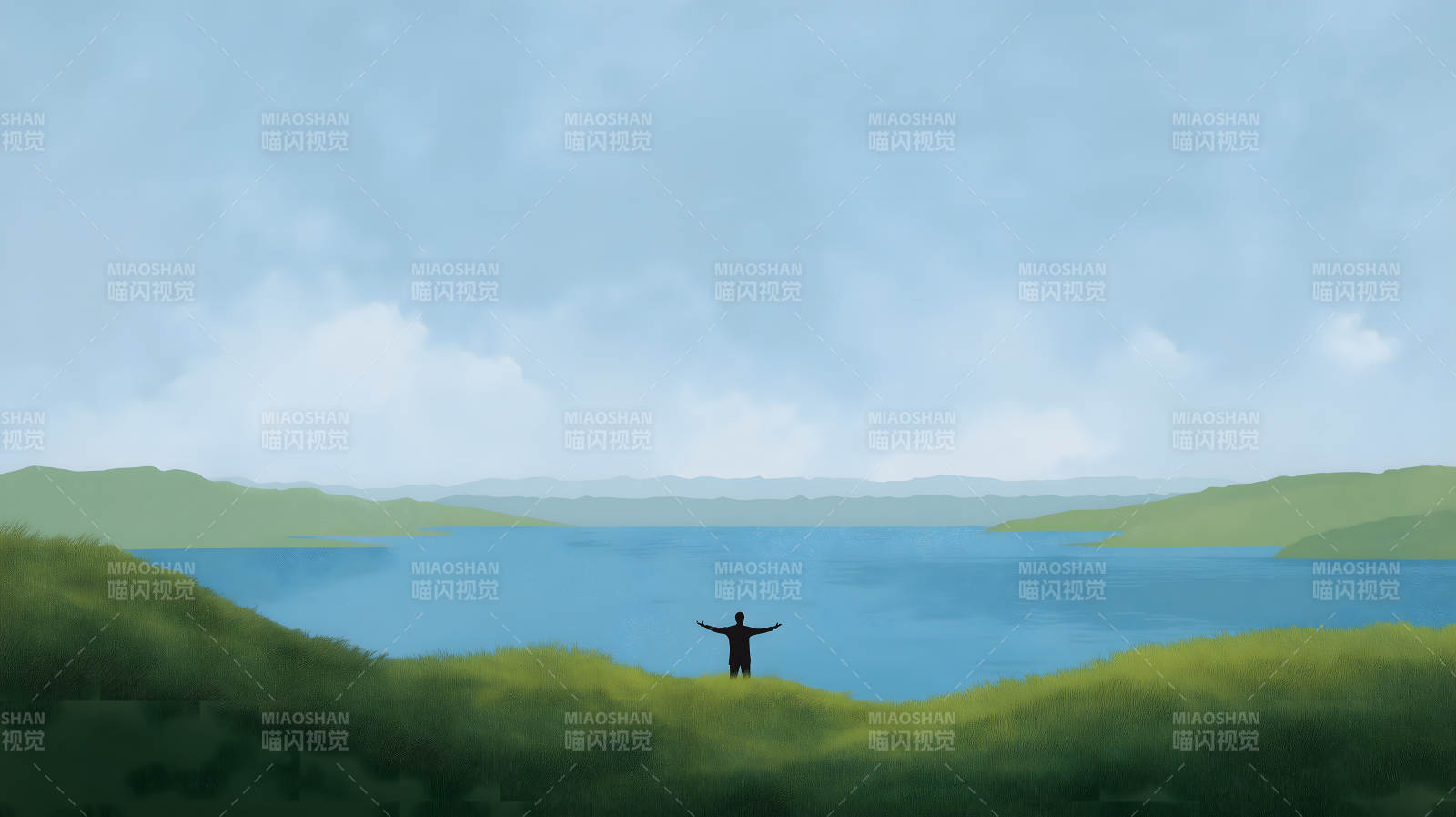 拥抱自然的人伫立湖边图片