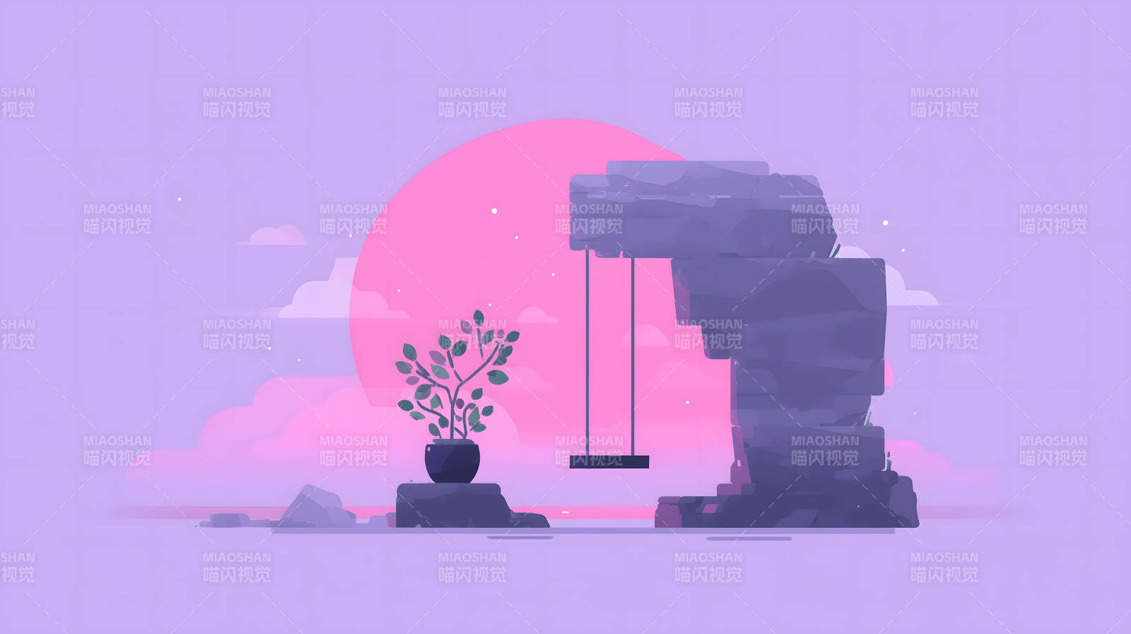 山石秋千植物夕阳图片