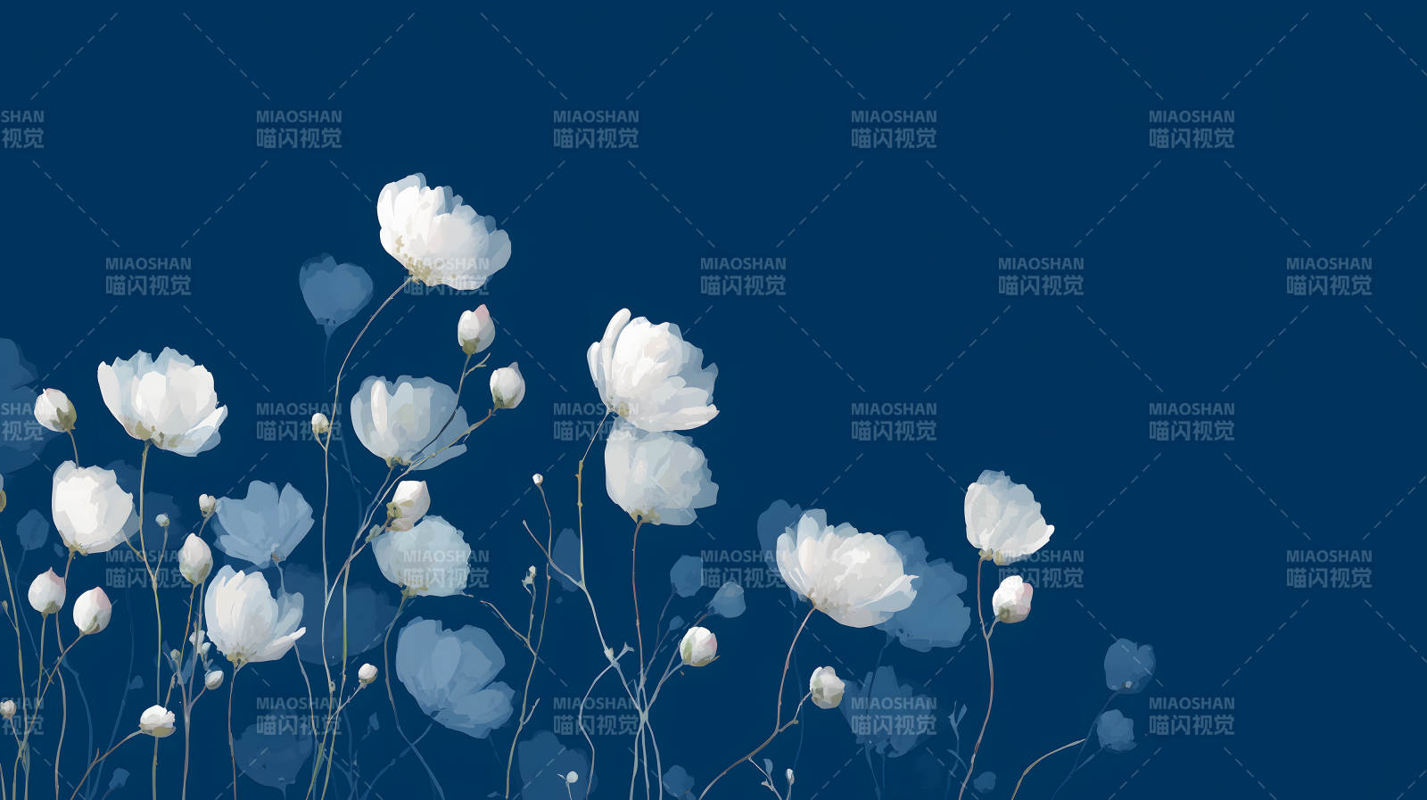 蓝底白花水彩画图片