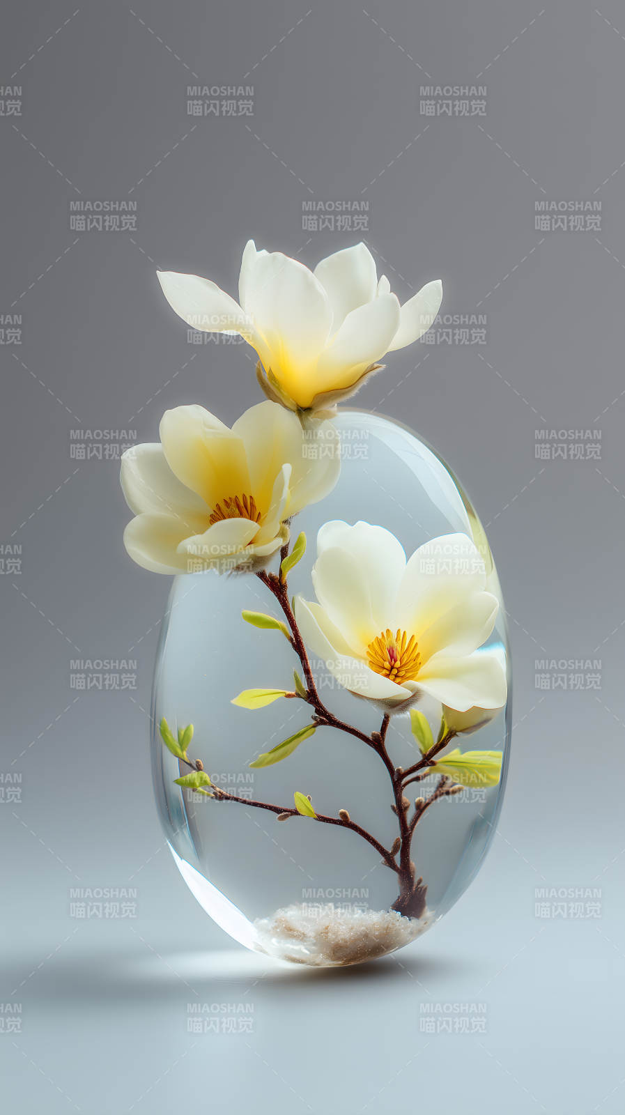 透明花瓶里的木兰花图片