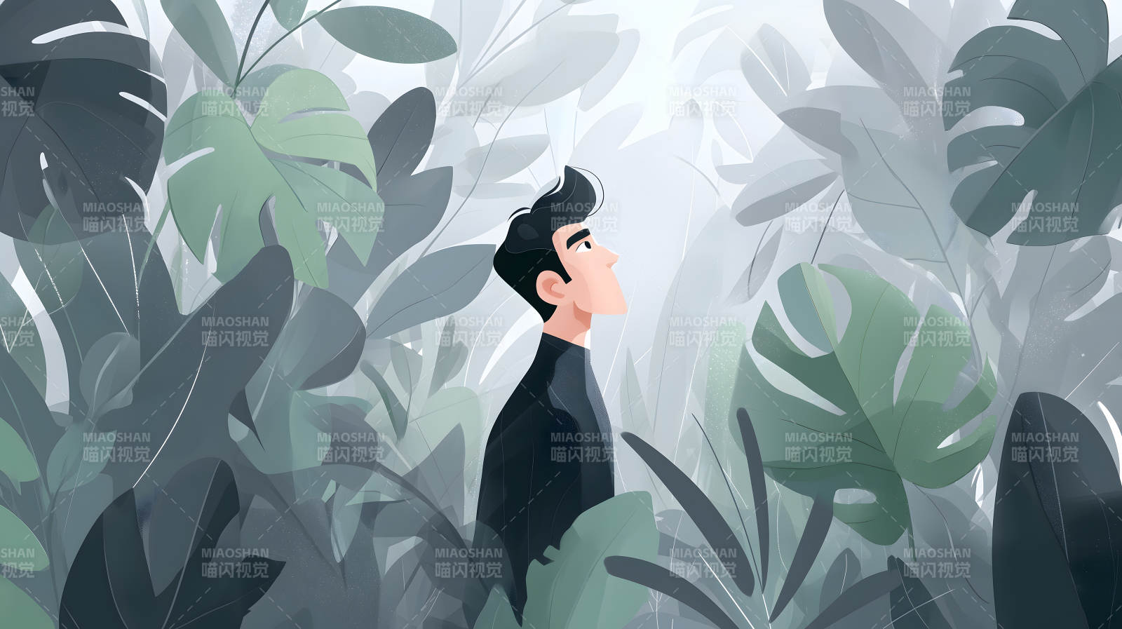 男子凝视丛林风景图片