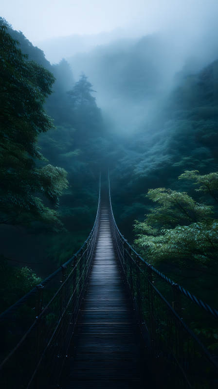 雾中吊桥通向远方图片