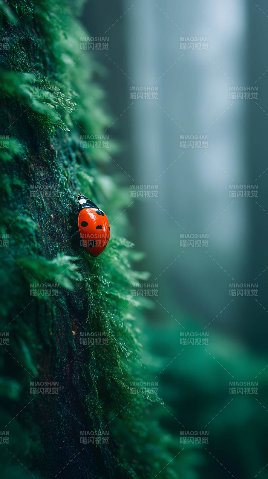 红瓢虫与绿苔藓图片