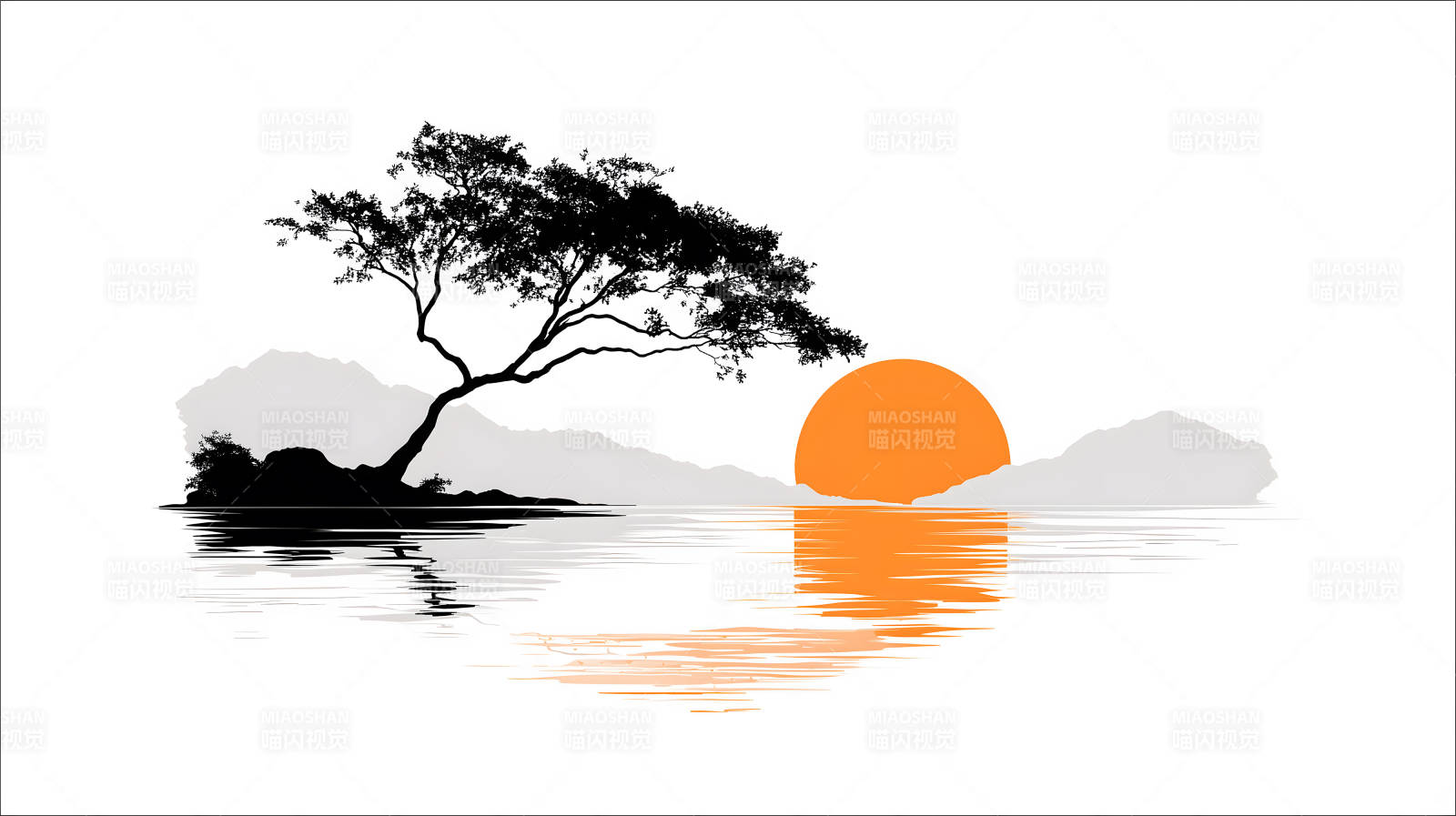 夕阳下的树与水图片