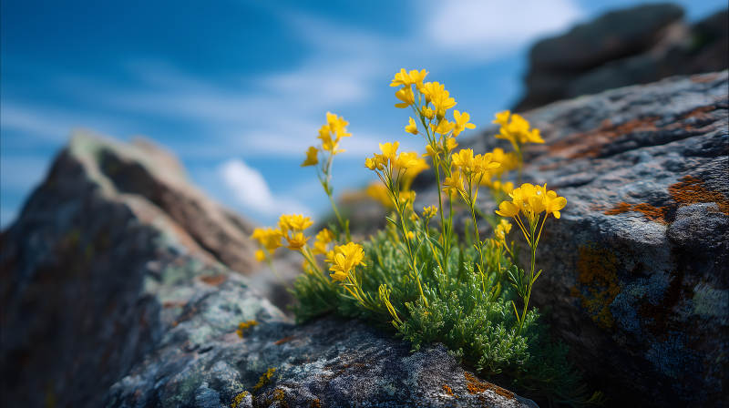 岩石上的黄色小花盛开图片