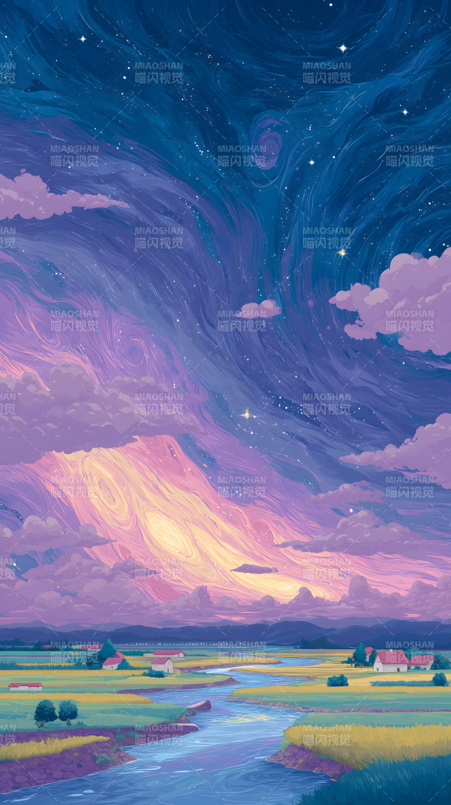 梦幻星空下的田园风光图片