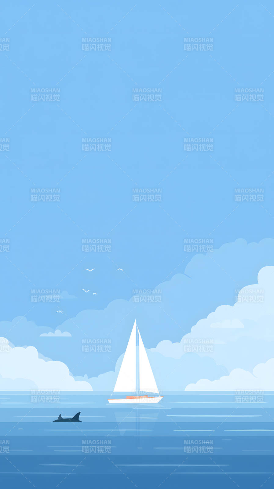 蓝天白帆海鸥游鱼图片