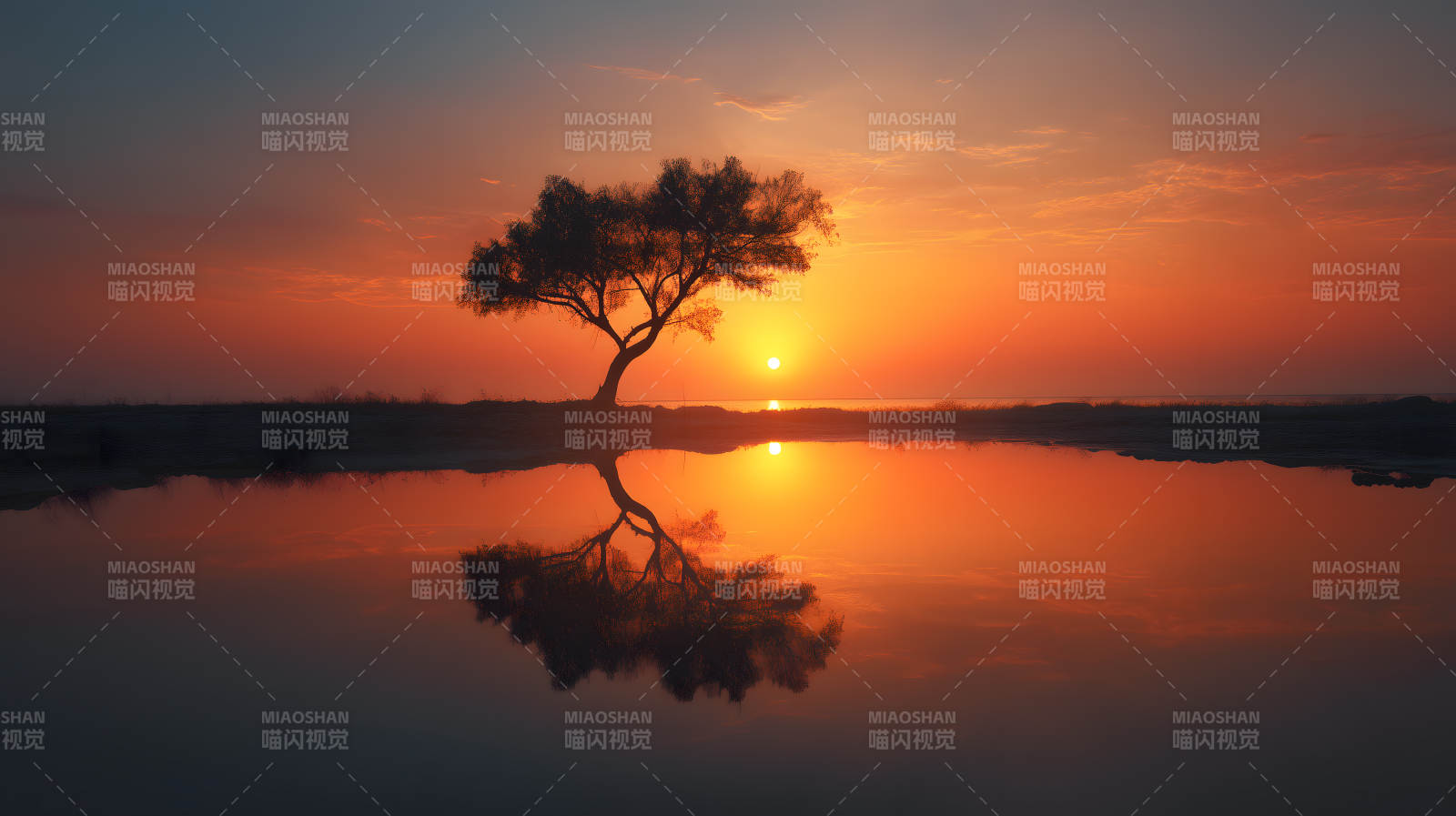 夕阳下的树与水面倒影图片