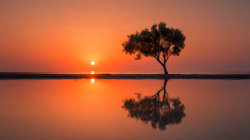 日落下的树影映照图片