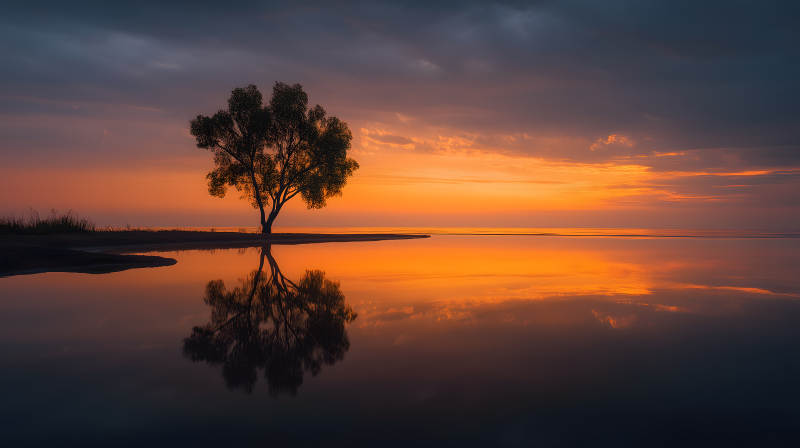 夕阳树影湖面美景图片