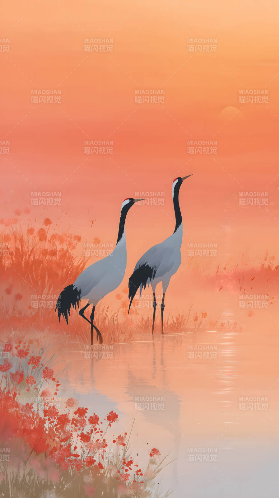 夕阳下的仙鹤和花图片