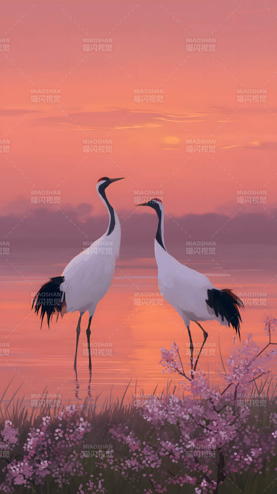 夕阳下的丹顶鹤优雅伫立图片