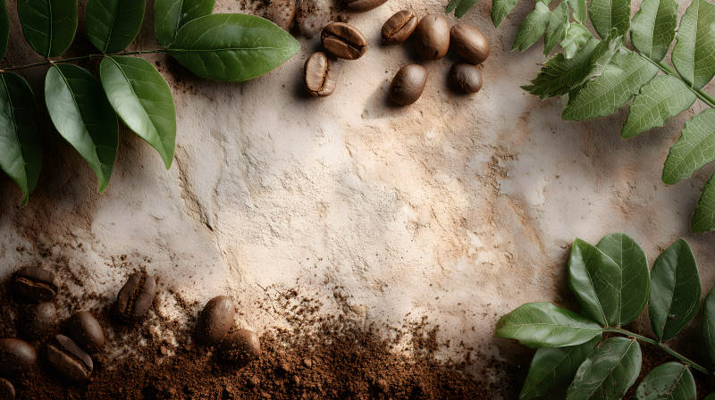 咖啡豆与绿叶的背景图片