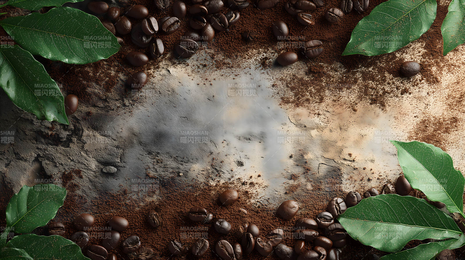 咖啡豆与绿叶背景图片