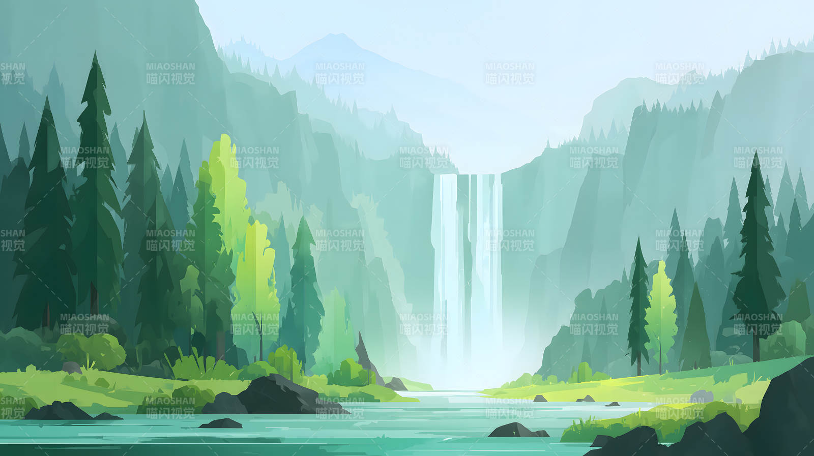 山水森林瀑布美景图片