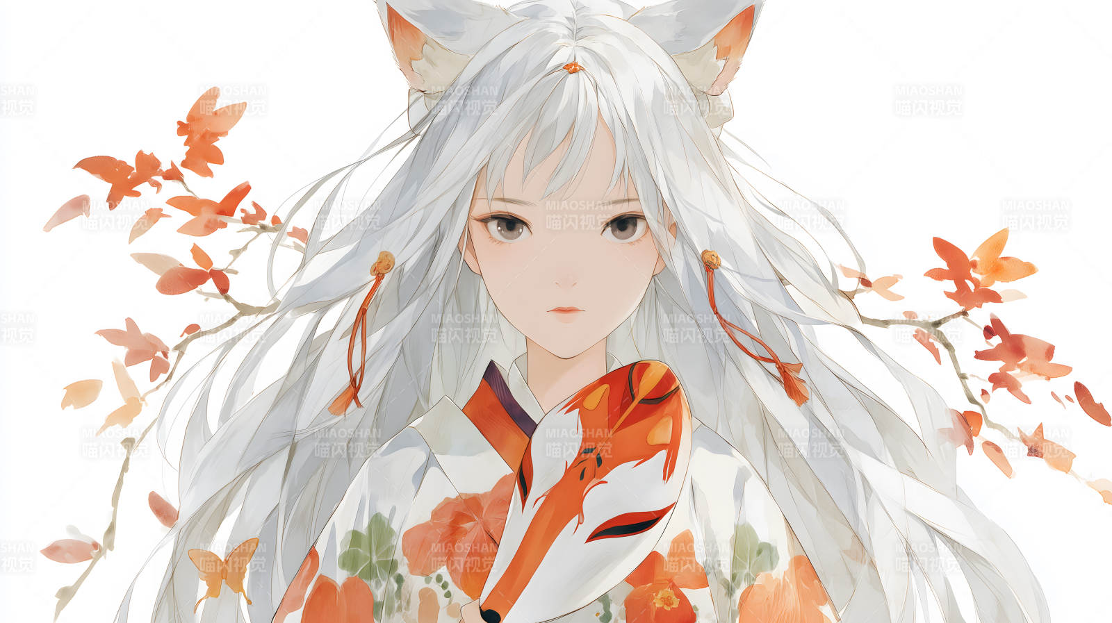 白发少女持面具图片