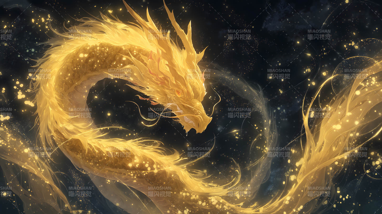 金色巨龙翱翔夜空图片
