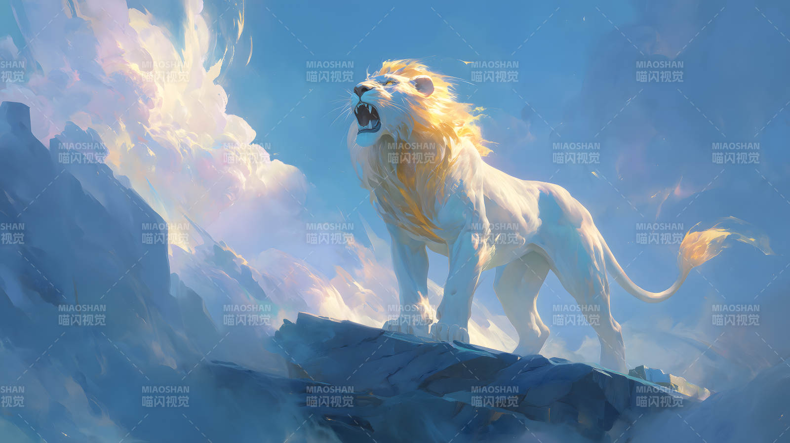 白狮怒吼天空湛蓝图片