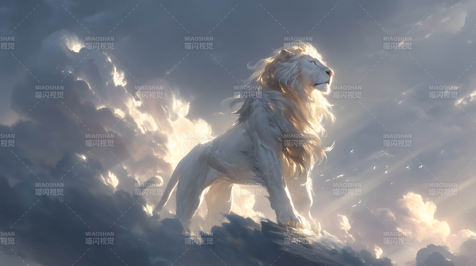 白狮站立云端仰望天空图片