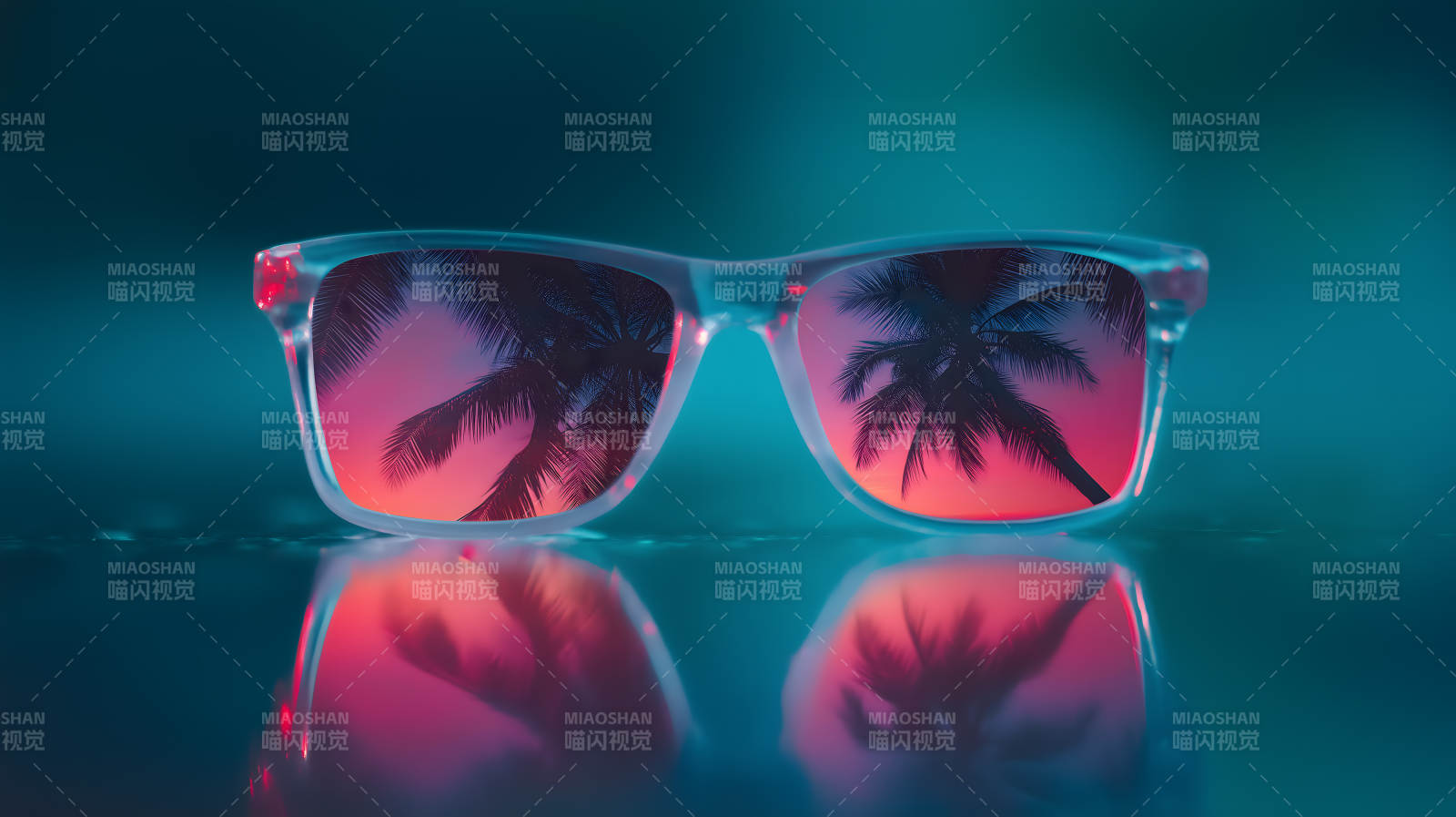 夕阳下的棕榈树倒影图片