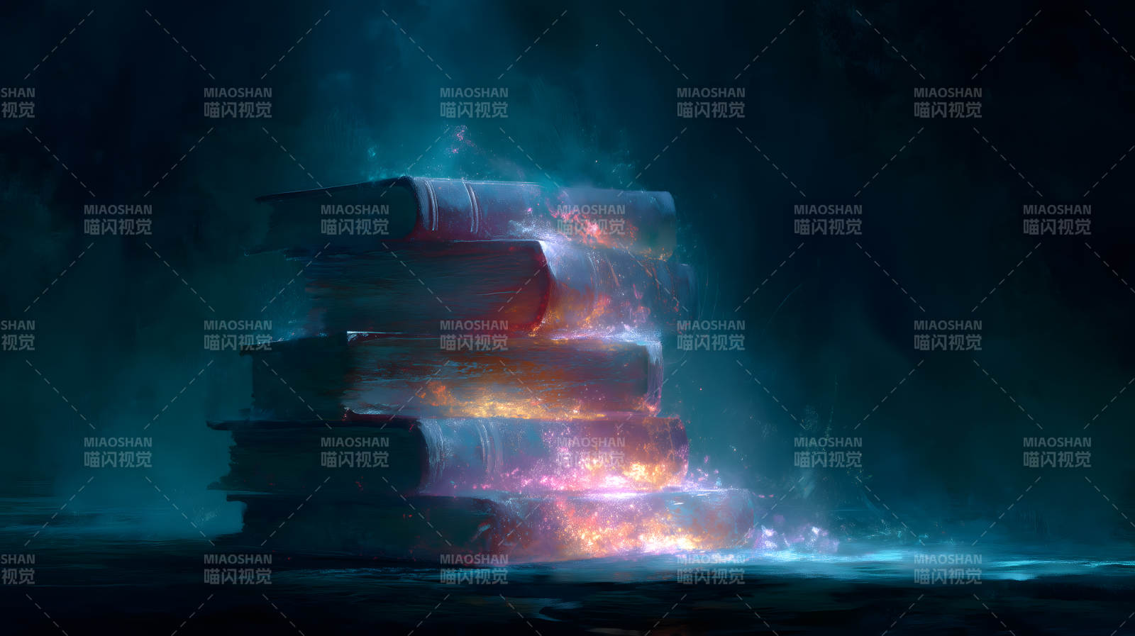 魔法书籍堆叠发光图片