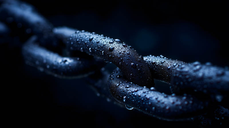 带水珠的黑色链条特写图片