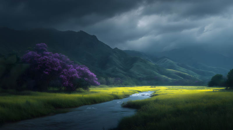 山河景色云雾缭绕紫树图片